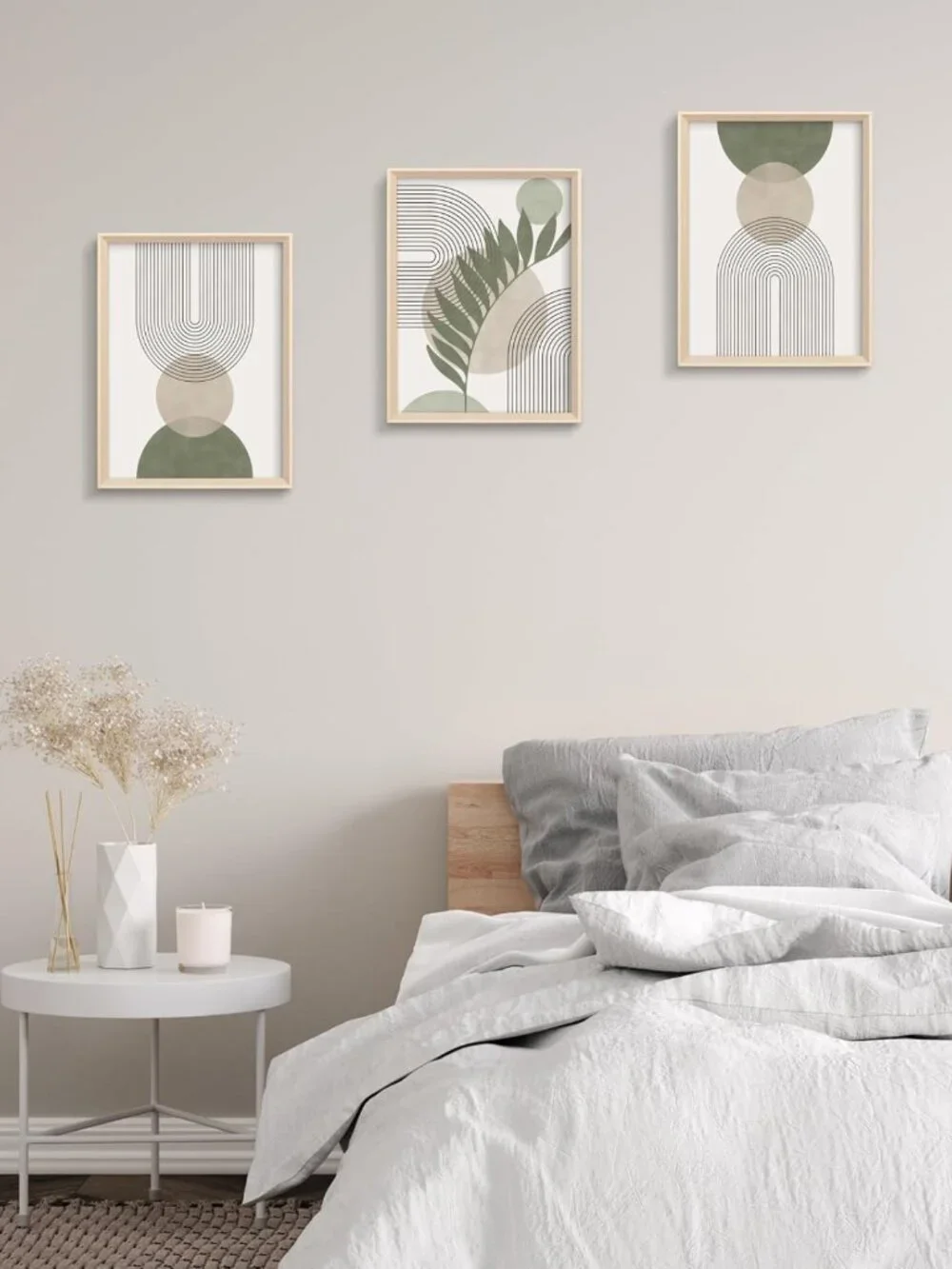 Boho Sage Green Framed Wall Art Set of 3, 12x16in Minimalist Canvas Prints for
